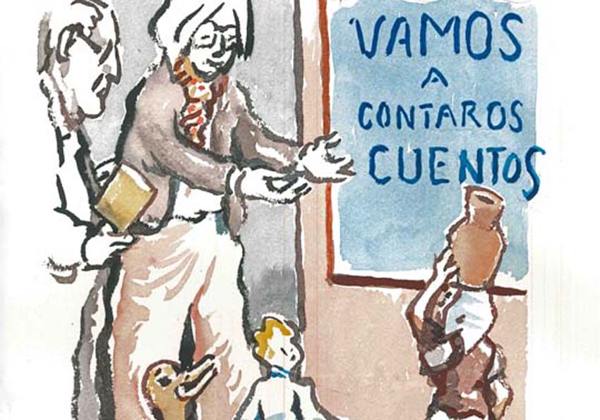 Cartel. Dibujo de un hombre, una mujer, una niña y un niño